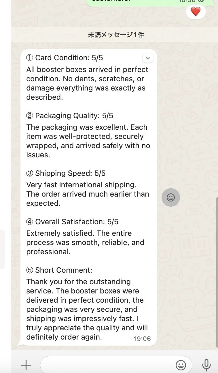 WhatsApp review — Card Condition 5/5, all categories perfect
